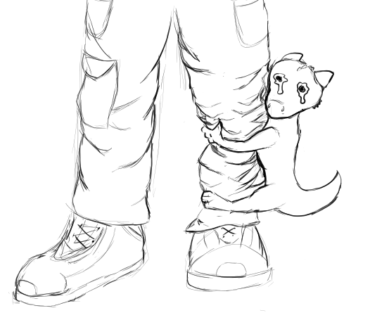 Sketch doodle done in Krita without coloring, that depicts the bottom part of a human (legs, pants and shoes), where a little kobold creature is strongly latched on to one of the human legs, with a an almost crying face, as if the creature doesn't want to leave the person, begging to be taken (or adopted).